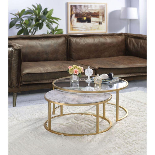 ACME Shanish 2Pc Pk Nesting Table Set, Faux Marble & Gold