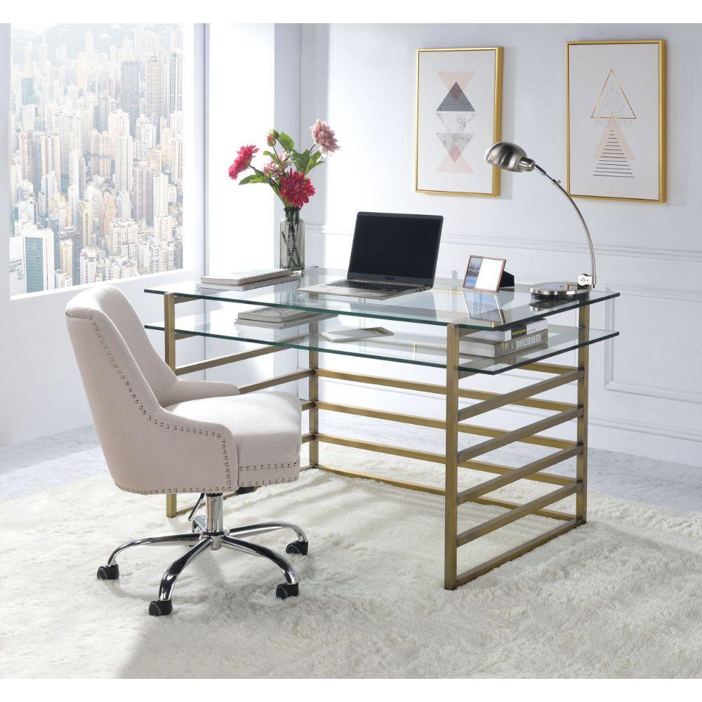 ACME Shona Desk, Antique Gold & Clear Glass