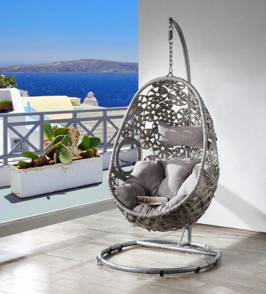 ACME Sigar Patio Hanging Chair with Stand, Light Gray Fabric & Wicker