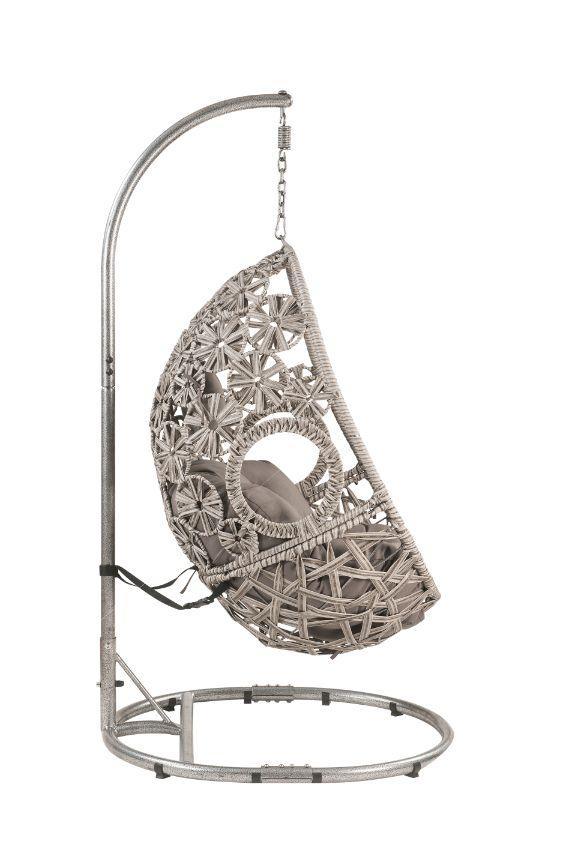 ACME Sigar Patio Hanging Chair with Stand, Light Gray Fabric & Wicker