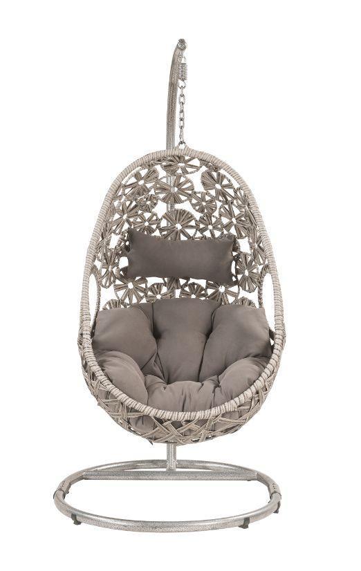 ACME Sigar Patio Hanging Chair with Stand, Light Gray Fabric & Wicker