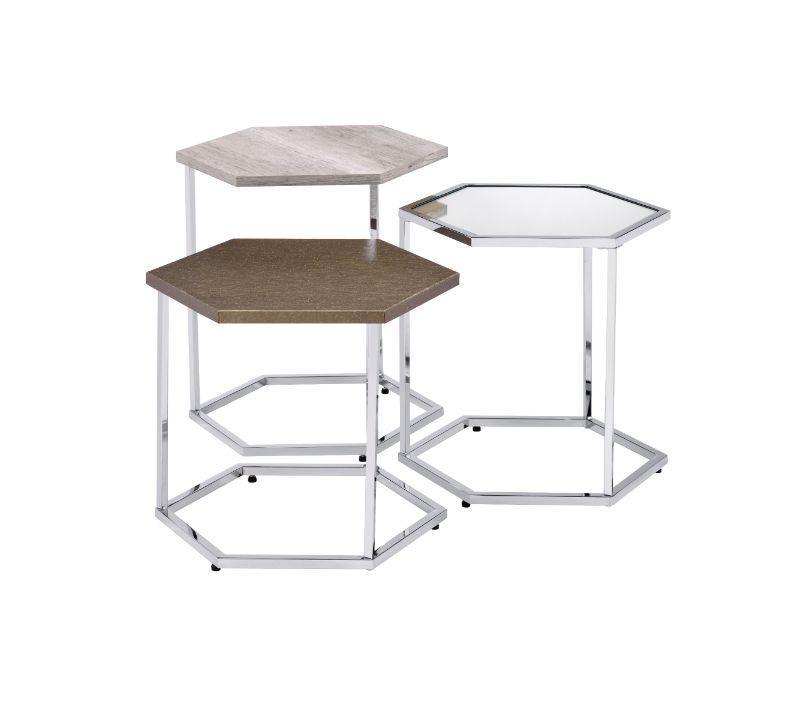 ACME Simno Nesting Tables, Clear Glass, Taupe, Gray Washed & Chrome Finish