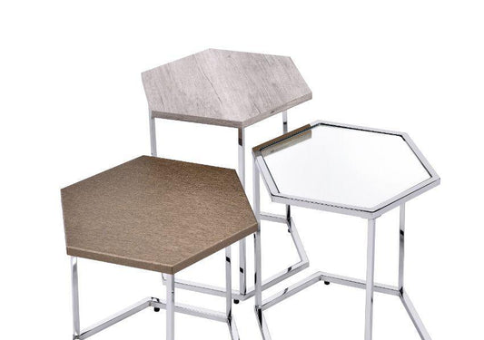 ACME Simno Nesting Tables, Clear Glass, Taupe, Gray Washed & Chrome Finish