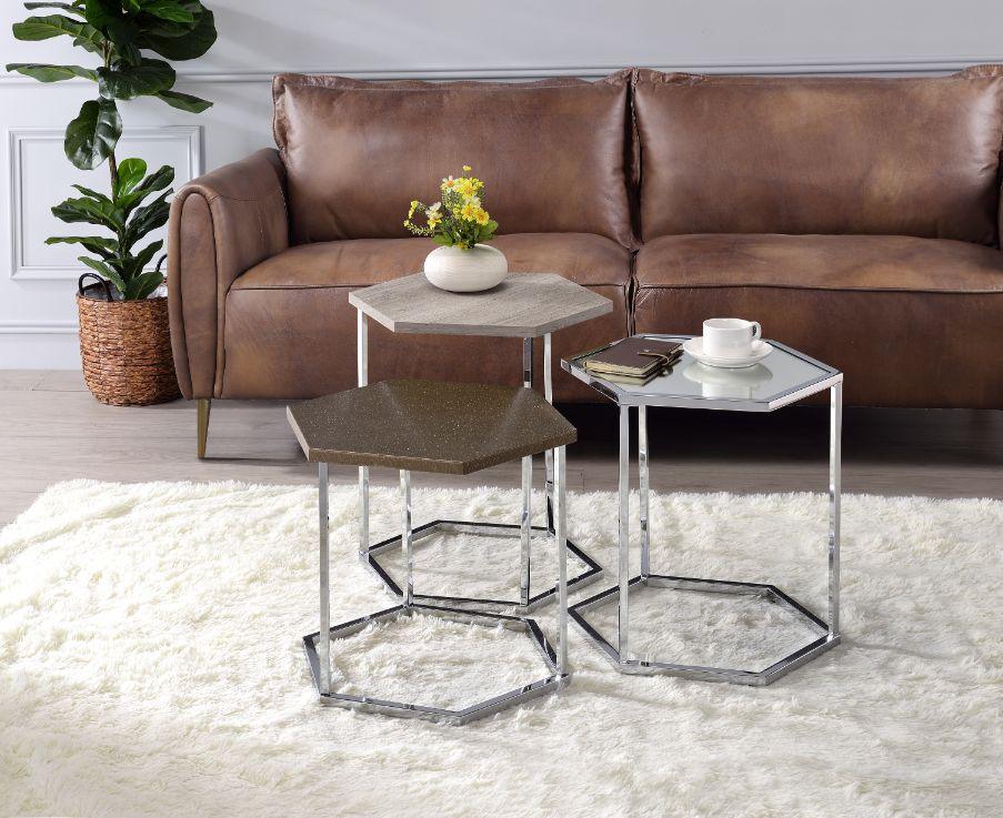 ACME Simno Nesting Tables, Clear Glass, Taupe, Gray Washed & Chrome Finish