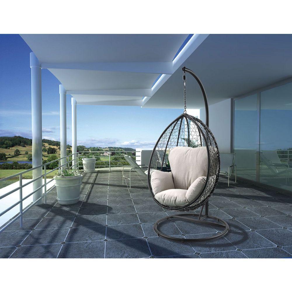 ACME Simona Patio Swing Chair with Stand, Beige Fabric & Black Wicker