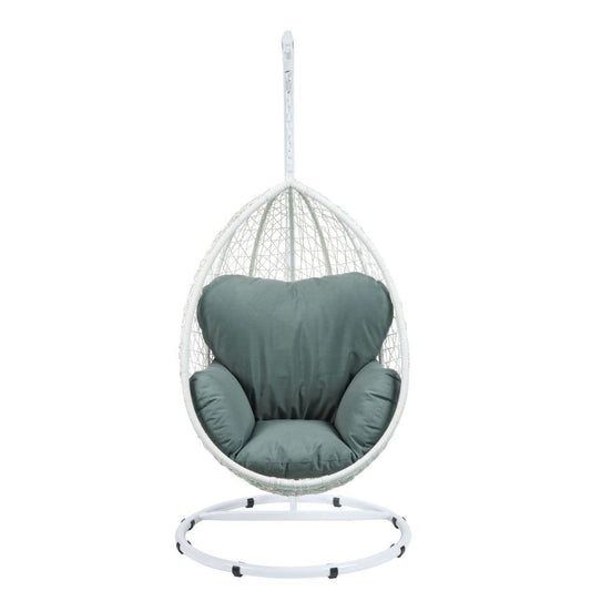 ACME Simona Patio Swing Chair with Stand, Green Fabric & White Wicker