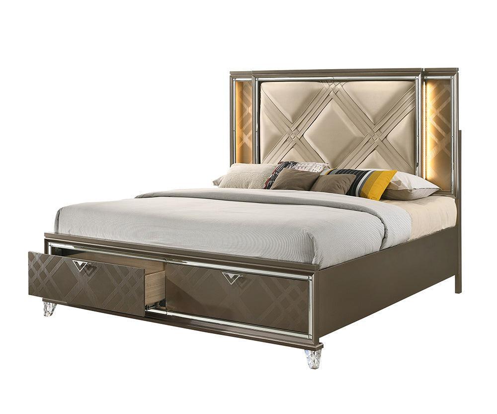 ACME Skylar Eastern King Bed w/Storage, LED, PU & Dark Champagne