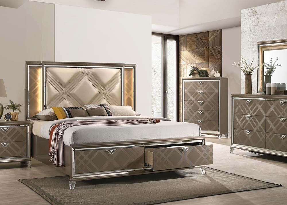 ACME Skylar Eastern King Bed w/Storage, LED, PU & Dark Champagne