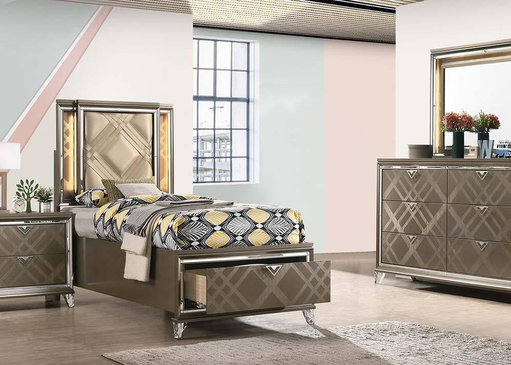 ACME Skylar Full Bed w/Storage, LED, PU & Dark Champagne