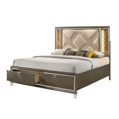 ACME Skylar Queen Bed w/Storage, LED, PU & Dark Champagne