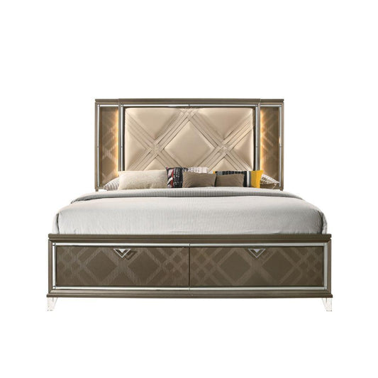 ACME Skylar Queen Bed w/Storage, LED, PU & Dark Champagne