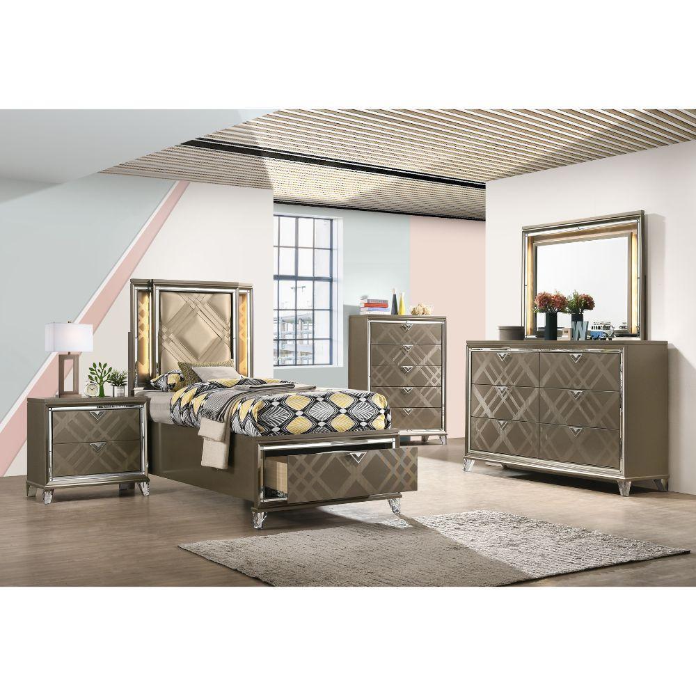 ACME Skylar Twin Bed w/Storage, LED, PU & Dark Champagne