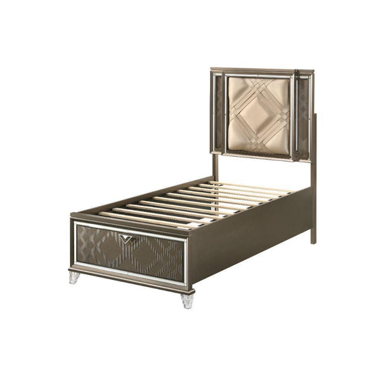 ACME Skylar Twin Bed w/Storage, LED, PU & Dark Champagne