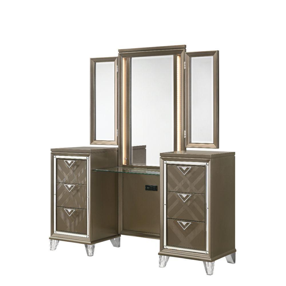 ACME Skylar Vanity Desk & Mirror, LED & Dark Champagne