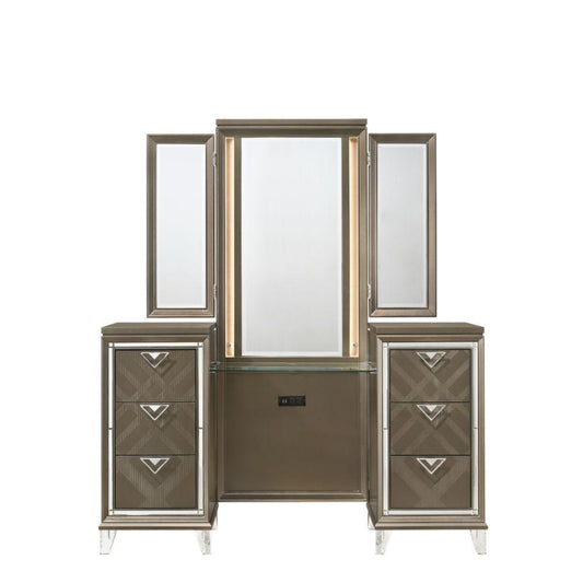 ACME Skylar Vanity Desk & Mirror, LED & Dark Champagne