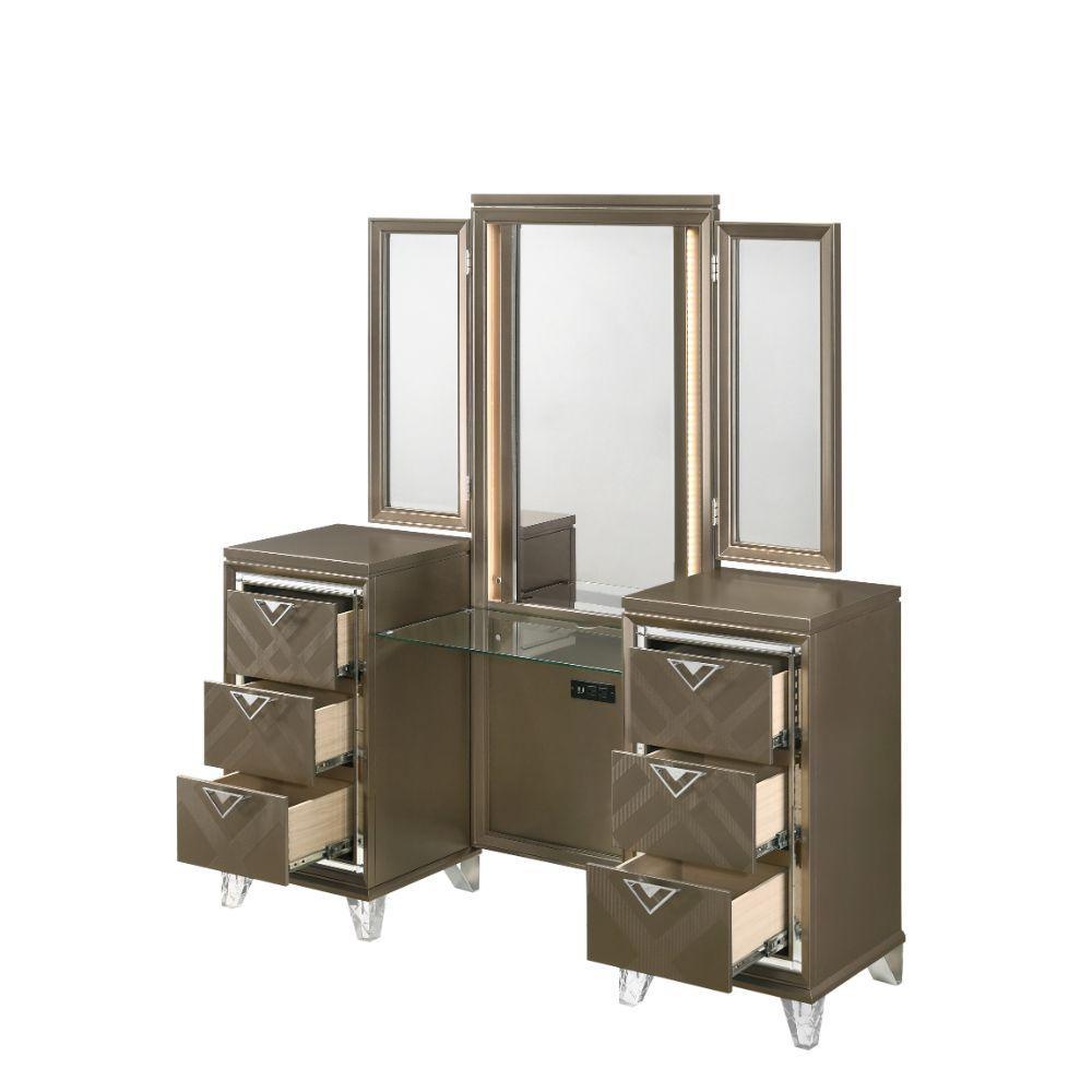 ACME Skylar Vanity Desk & Mirror, LED & Dark Champagne