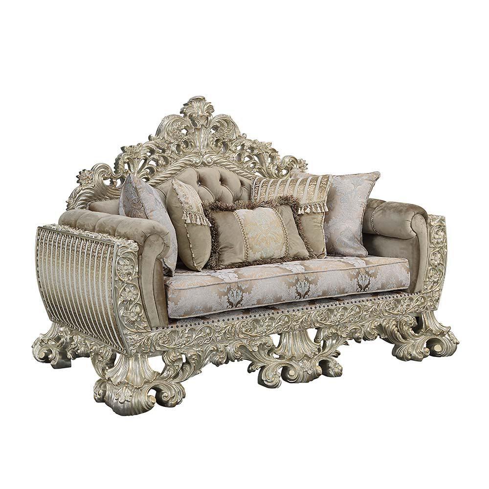 ACME Sorina Loveseat w/5 Pillows, Velvet, Fabric & Antique Gold Finish