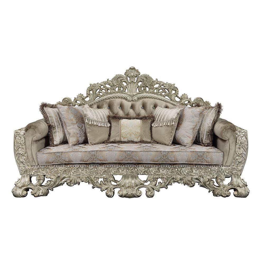 ACME Sorina Sofa w/7 Pillows, Velvet, Fabric & Antique Gold Finish