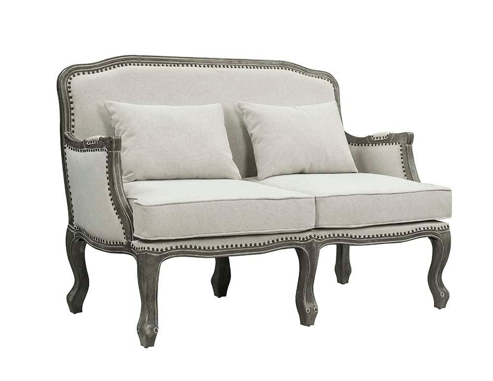 ACME Tania Loveseat w/2 Pillows, Cream Linen & Brown Finish