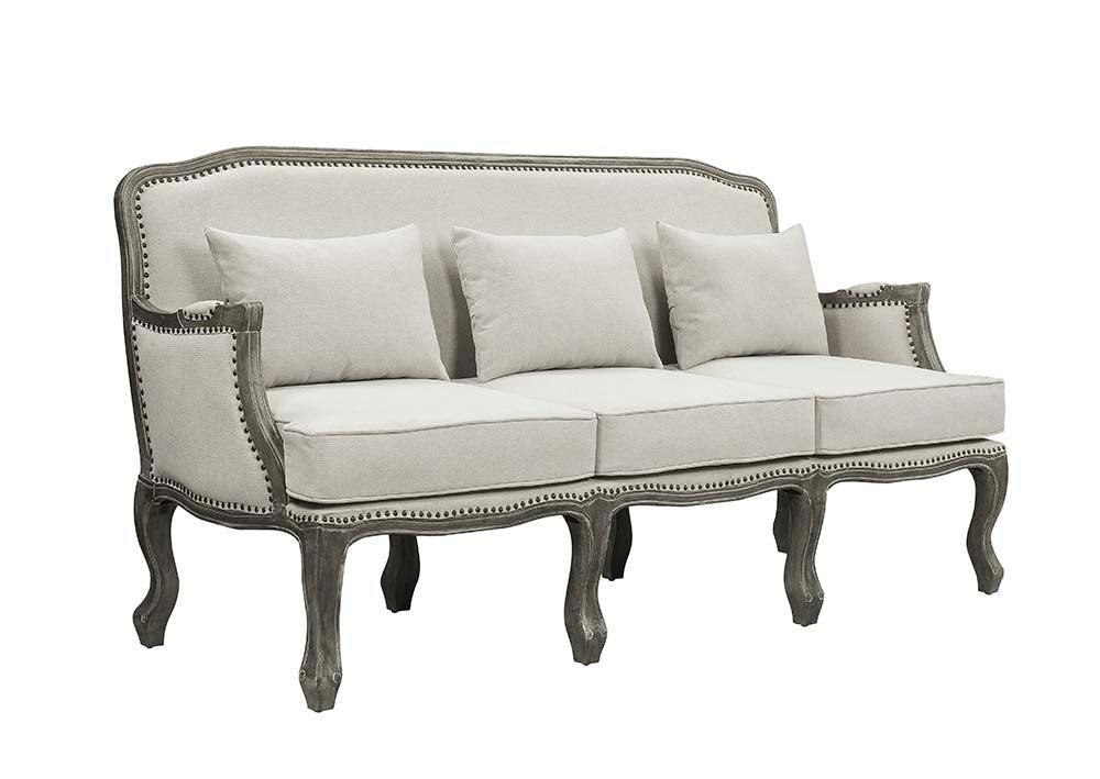 ACME Tania Sofa w/3 Pillows, Cream Linen & Brown Finish