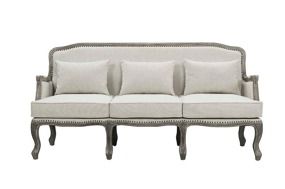 ACME Tania Sofa w/3 Pillows, Cream Linen & Brown Finish