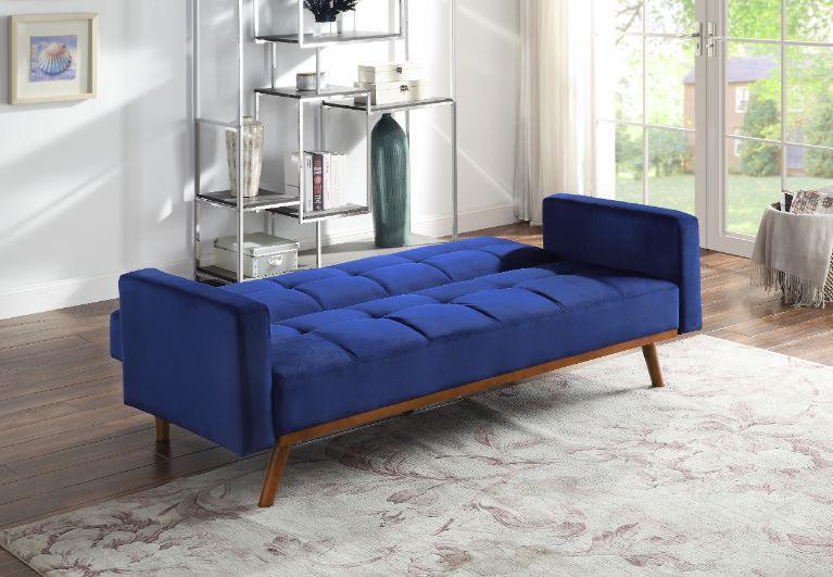 ACME Tanitha Adjustable Sofa, Blue Velvet & Natural Finish