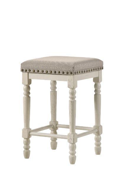 ACME Tasnim Counter Height Stool, Tan Fabric & Antique White Finish