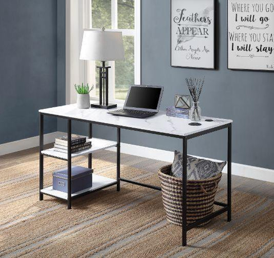 ACME Taurus Built-in USB Port Writing Desk, White Printed Faux Marble & Black Finish