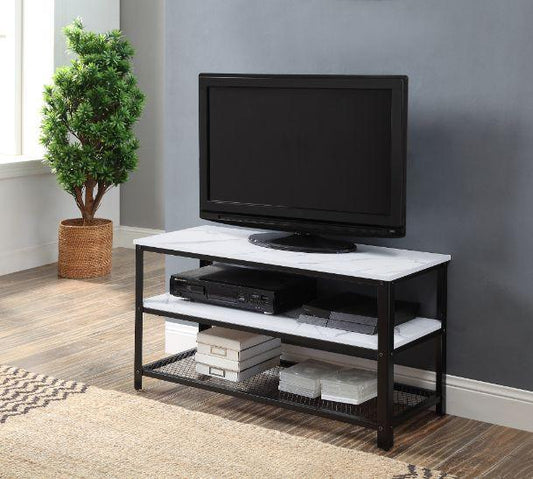 ACME Taurus TV Stand, White Printed Faux Marble & Black Finish