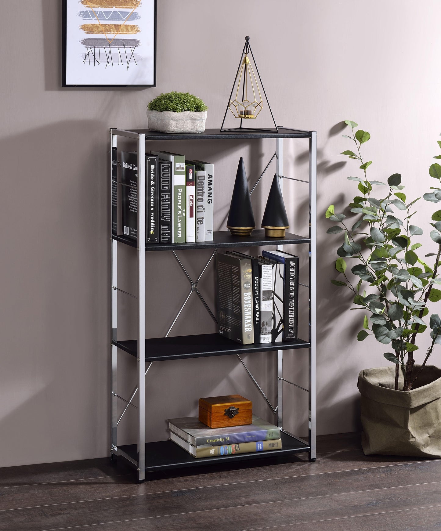 ACME Tennos Bookshelf, Black & Chrome Finish