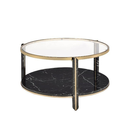 ACME Thistle Coffee Table, Clear Glass, Faux Black Marble & Champagne Finish