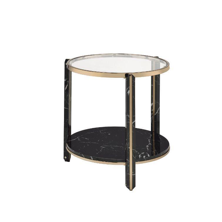 ACME Thistle End Table, Clear Glass, Faux Black Marble & Champagne Finish