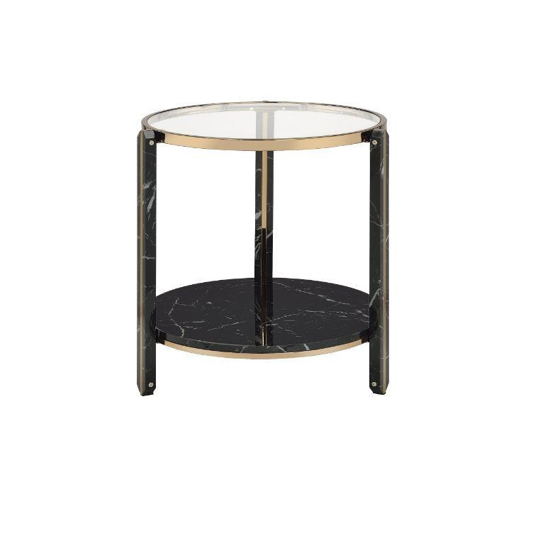 ACME Thistle End Table, Clear Glass, Faux Black Marble & Champagne Finish