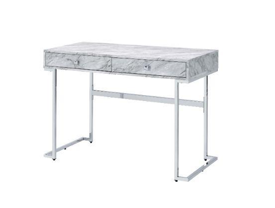 ACME Tigress Writing Desk, White Printed Faux Marble & Chrome Finish