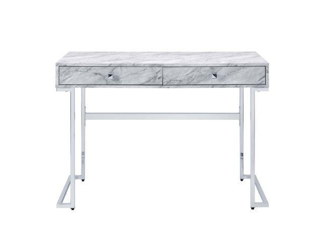 ACME Tigress Writing Desk, White Printed Faux Marble & Chrome Finish