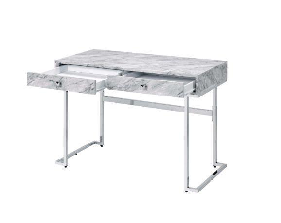 ACME Tigress Writing Desk, White Printed Faux Marble & Chrome Finish