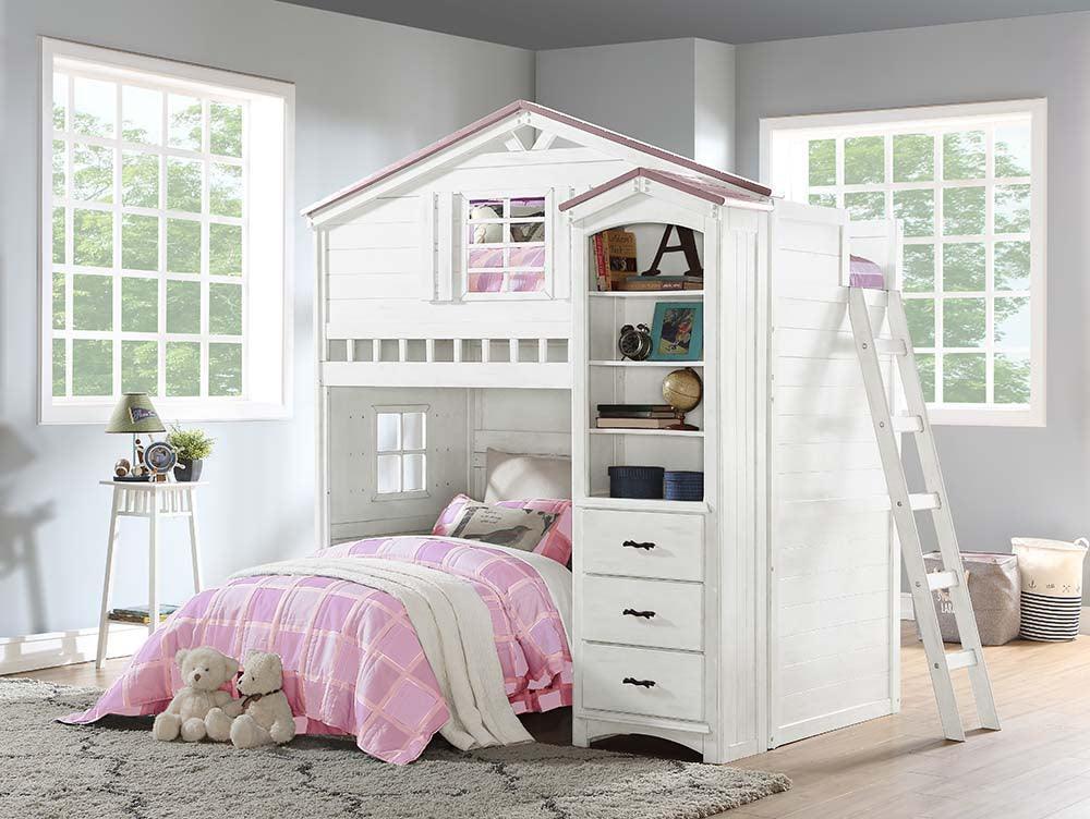 ACME Tree House Twin Loft Bed , Pink & White Finish