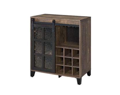 ACME Treju Wine Cabinet, Obscure Glass, Rustic Oak & Black Finish