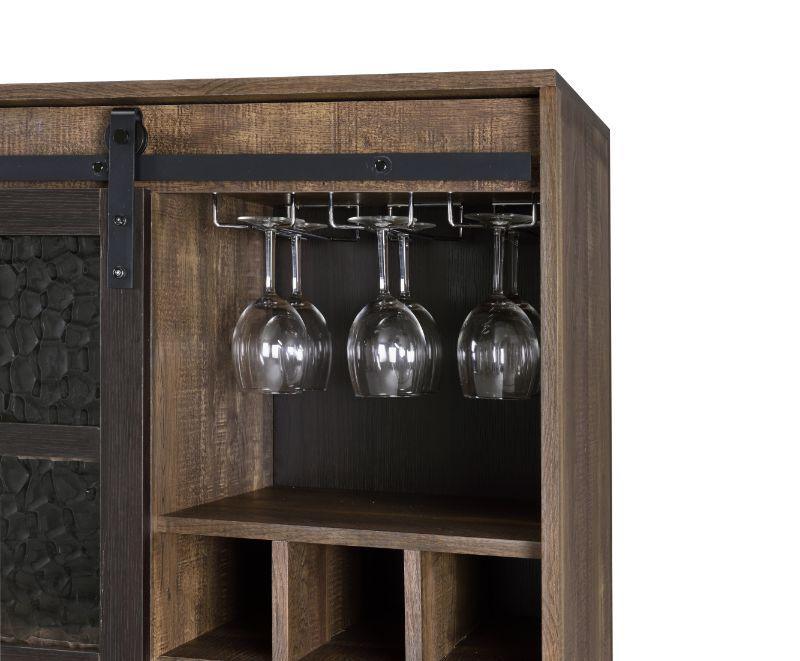 ACME Treju Wine Cabinet, Obscure Glass, Rustic Oak & Black Finish