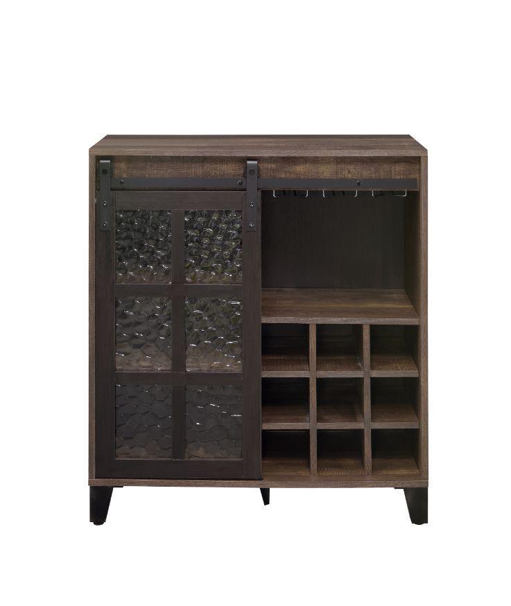 ACME Treju Wine Cabinet, Obscure Glass, Rustic Oak & Black Finish