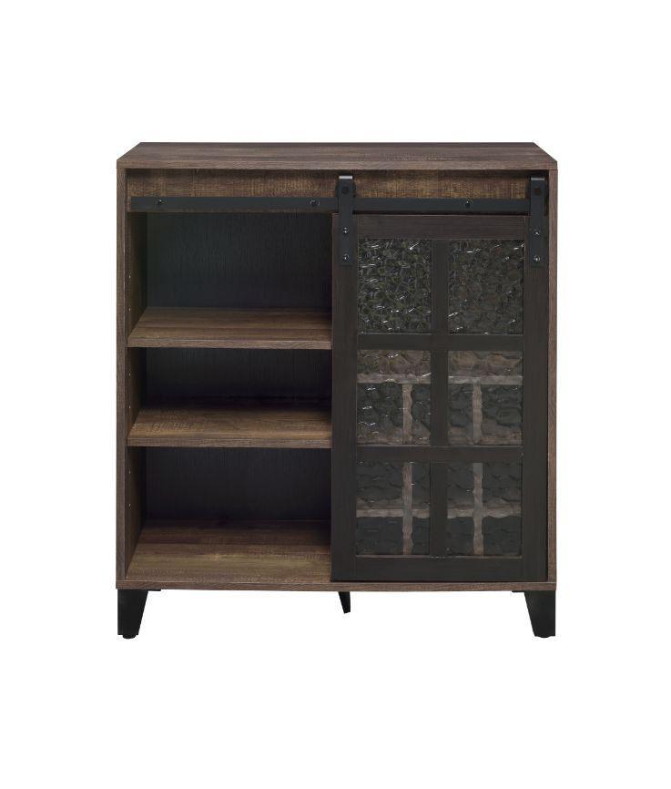 ACME Treju Wine Cabinet, Obscure Glass, Rustic Oak & Black Finish