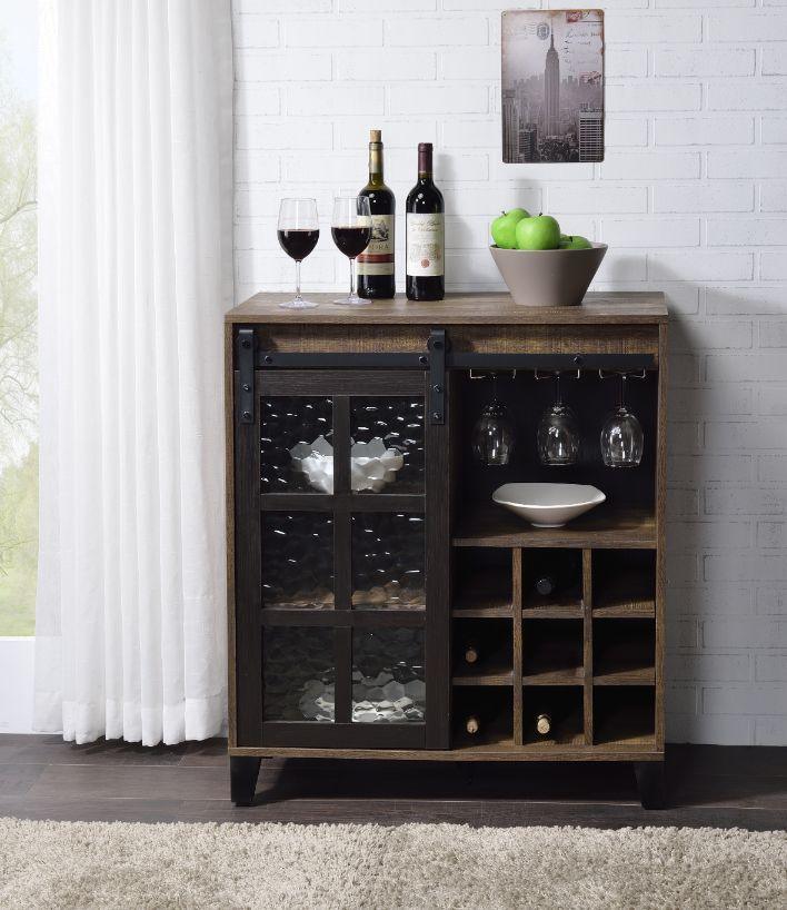 ACME Treju Wine Cabinet, Obscure Glass, Rustic Oak & Black Finish