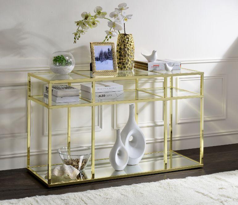 ACME Uchenna Sofa Table, Clear Glass & Gold Finish