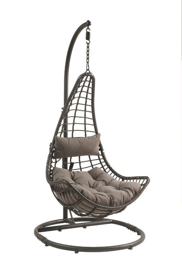 ACME Uzae Patio Hanging Chair with Stand, Gray Fabric & Charcoal Wicker