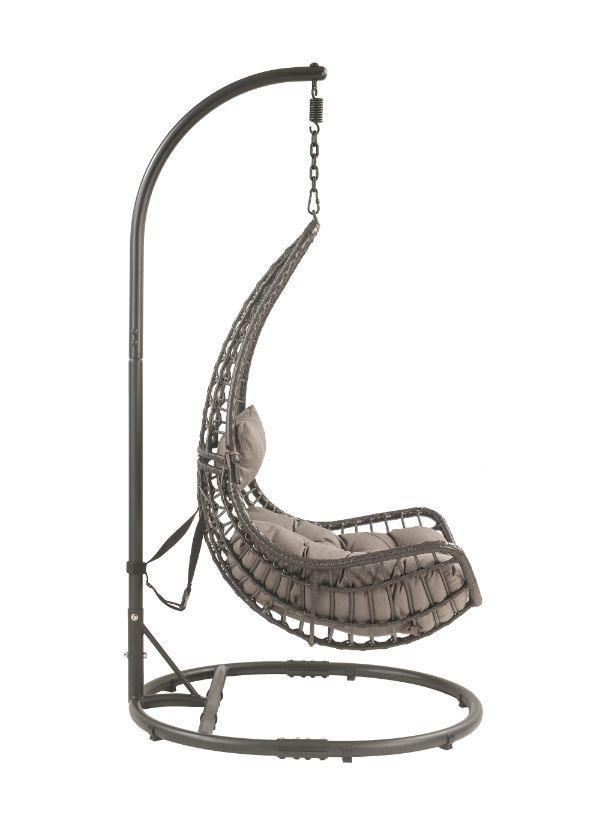 ACME Uzae Patio Hanging Chair with Stand, Gray Fabric & Charcoal Wicker