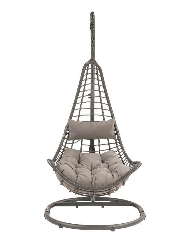 ACME Uzae Patio Hanging Chair with Stand, Gray Fabric & Charcoal Wicker