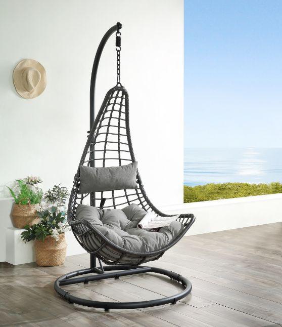 ACME Uzae Patio Hanging Chair with Stand, Gray Fabric & Charcoal Wicker