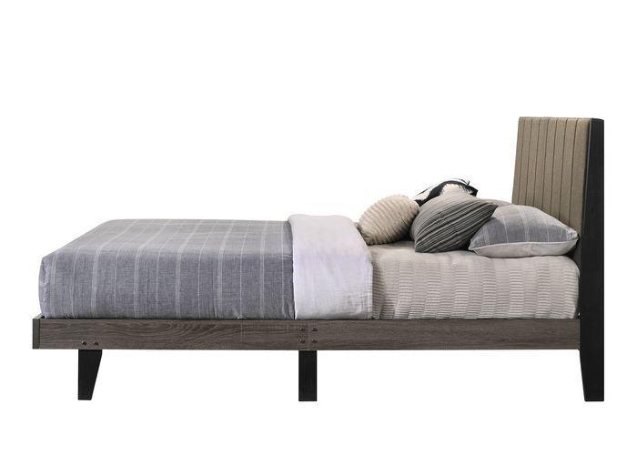 ACME Valdemar Queen Bed, Brown Fabric & Weatheted Gray Finish