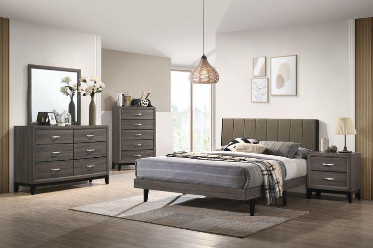 ACME Valdemar Queen Bed, Brown Fabric & Weatheted Gray Finish