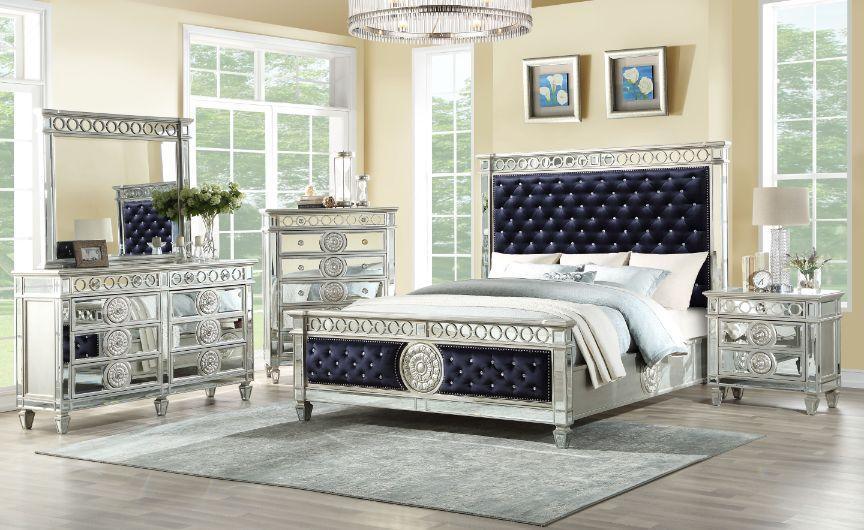 ACME Varian California King Bed• Black Velvet & Mirrored